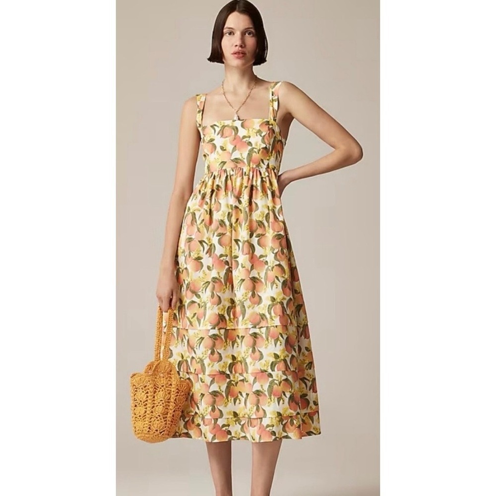 J.Crew Women's Squareneck Midi Dress Cotton Poplin Peach Print Size 12 Petite